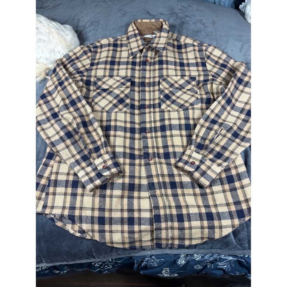 Traditionalโ Vintage Wool Blend Plaid Flannel Shirt Mens Tan Navy Made in Poland
